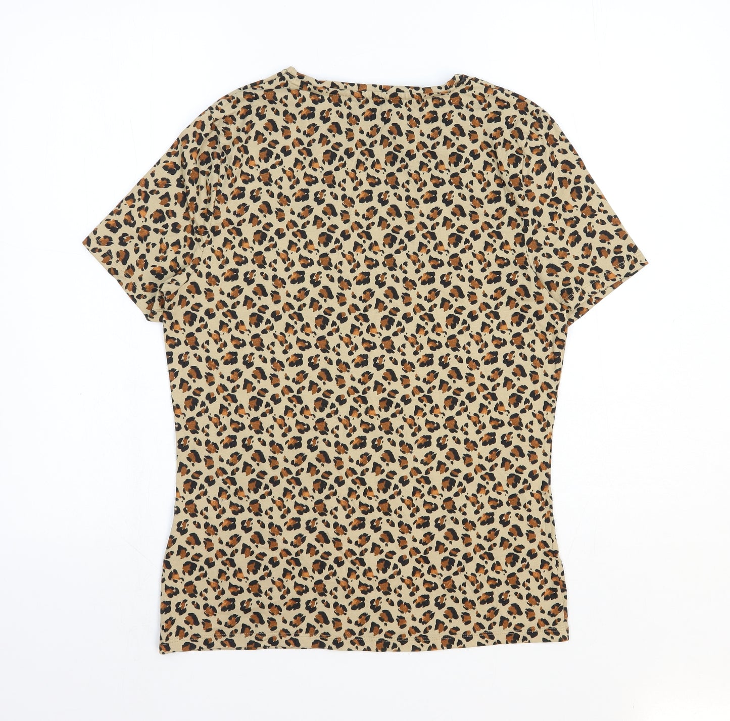 Marks and Spencer Womens Beige Animal Print Cotton Basic T-Shirt Size 12 Round Neck - Leopard Print