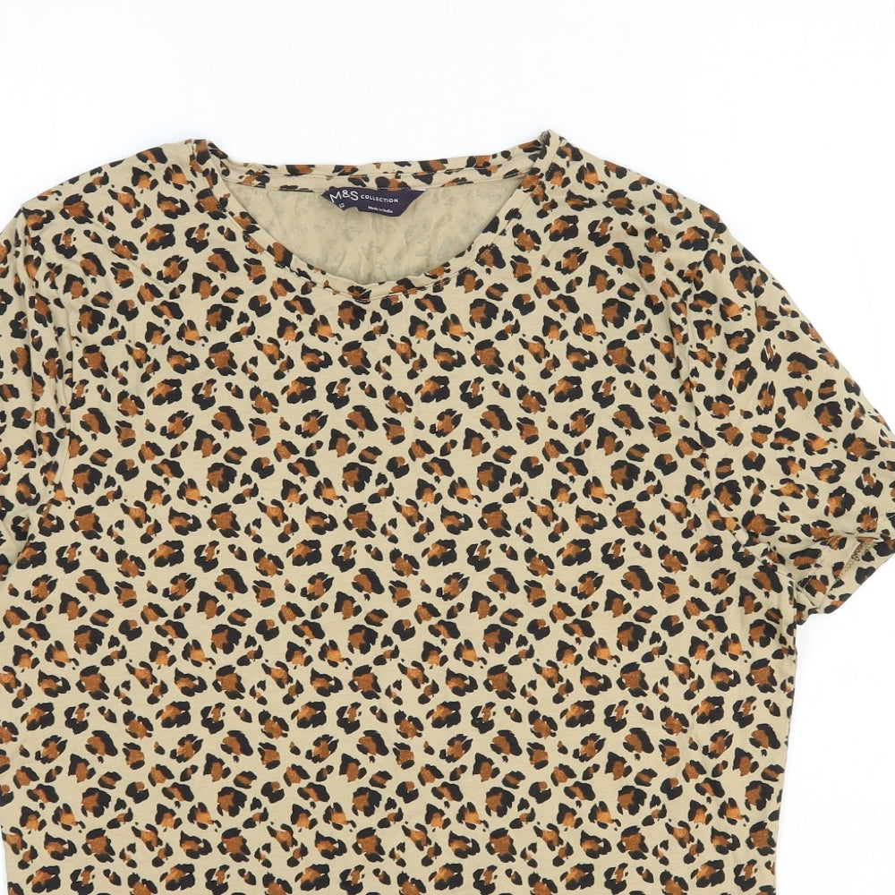 Marks and Spencer Womens Beige Animal Print Cotton Basic T-Shirt Size 12 Round Neck - Leopard Print