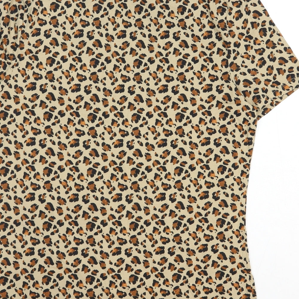 Marks and Spencer Womens Beige Animal Print Cotton Basic T-Shirt Size 12 Round Neck - Leopard Print