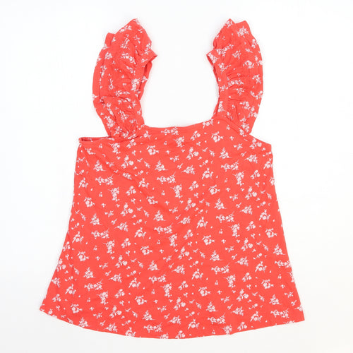 Marks and Spencer Womens Red Floral 100% Cotton Basic Tank Size 10 Square Neck