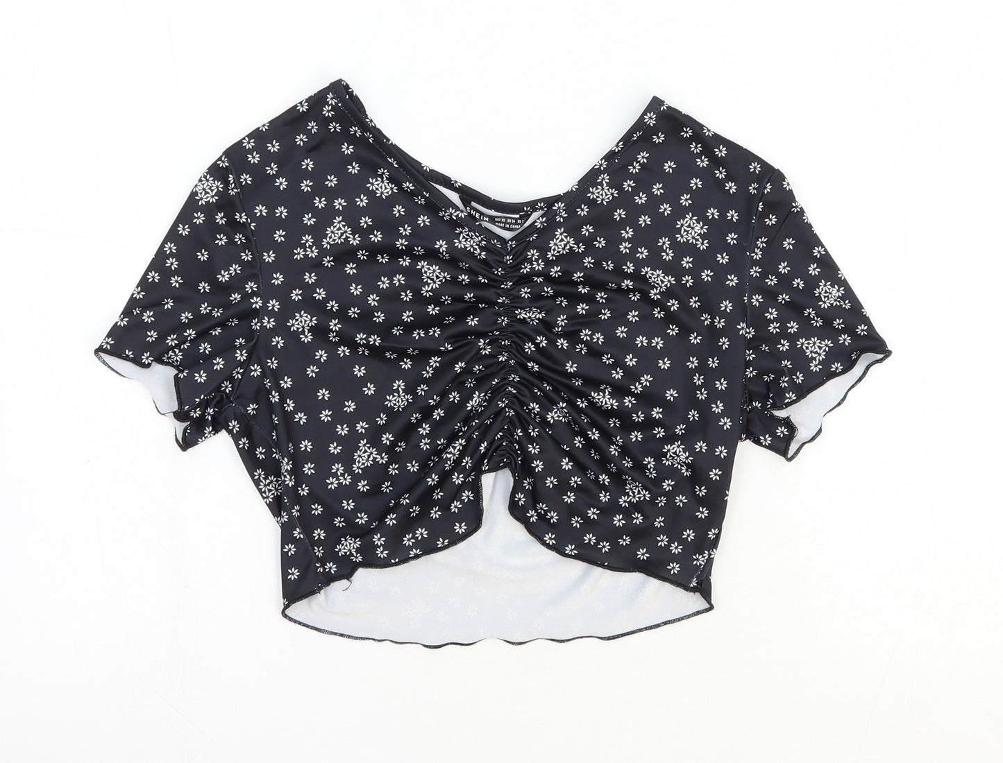 SheIn Womens Black Floral Polyester Cropped T-Shirt Size 6 V-Neck - Ruched Front
