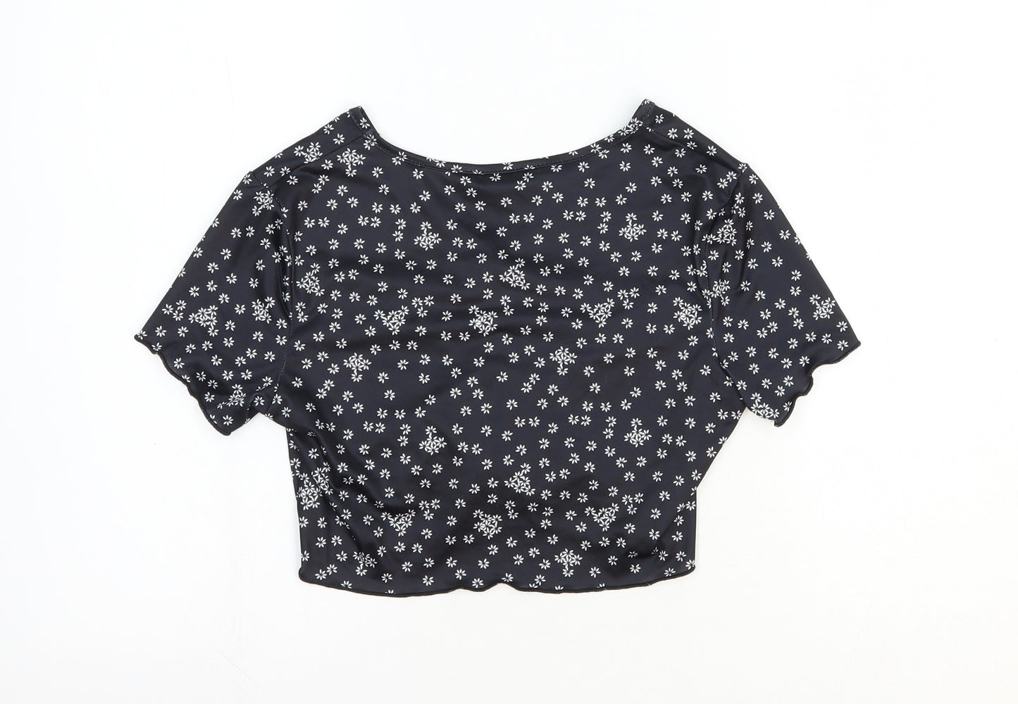 SheIn Womens Black Floral Polyester Cropped T-Shirt Size 6 V-Neck - Ruched Front