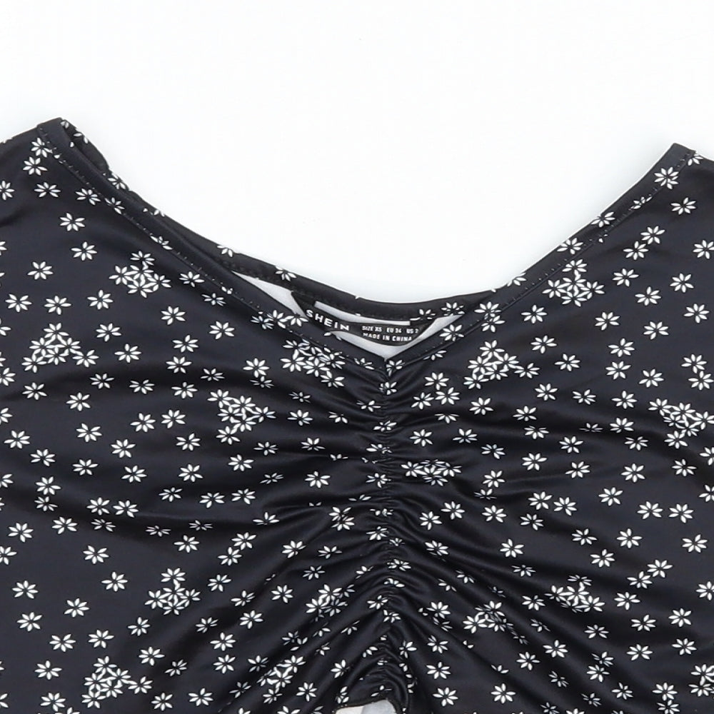 SheIn Womens Black Floral Polyester Cropped T-Shirt Size 6 V-Neck - Ruched Front