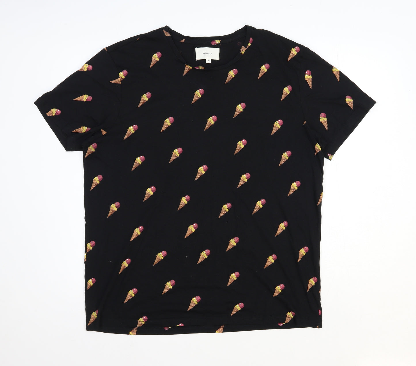 RESERVED Mens Black Geometric Polyester T-Shirt Size XL Round Neck