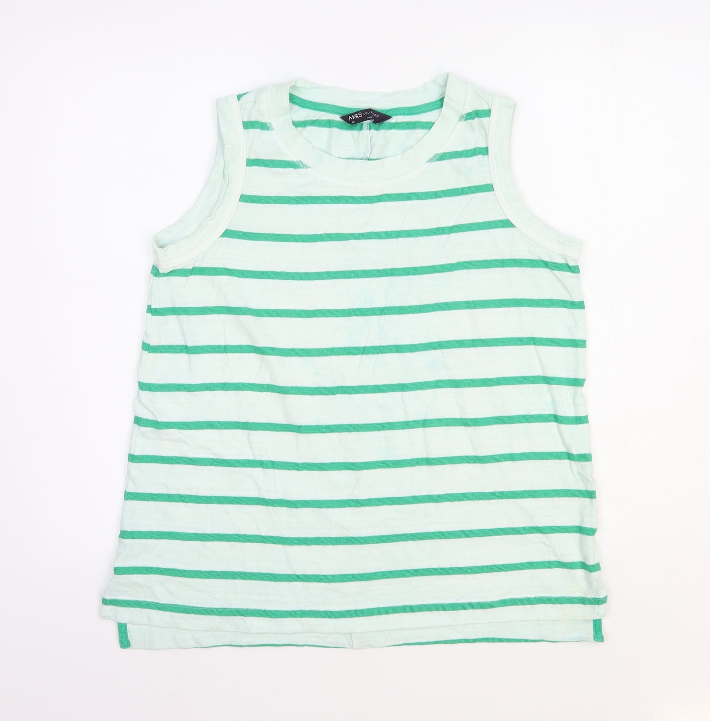 Marks and Spencer Womens Green Striped 100% Cotton Basic Tank Size 12 Round Neck