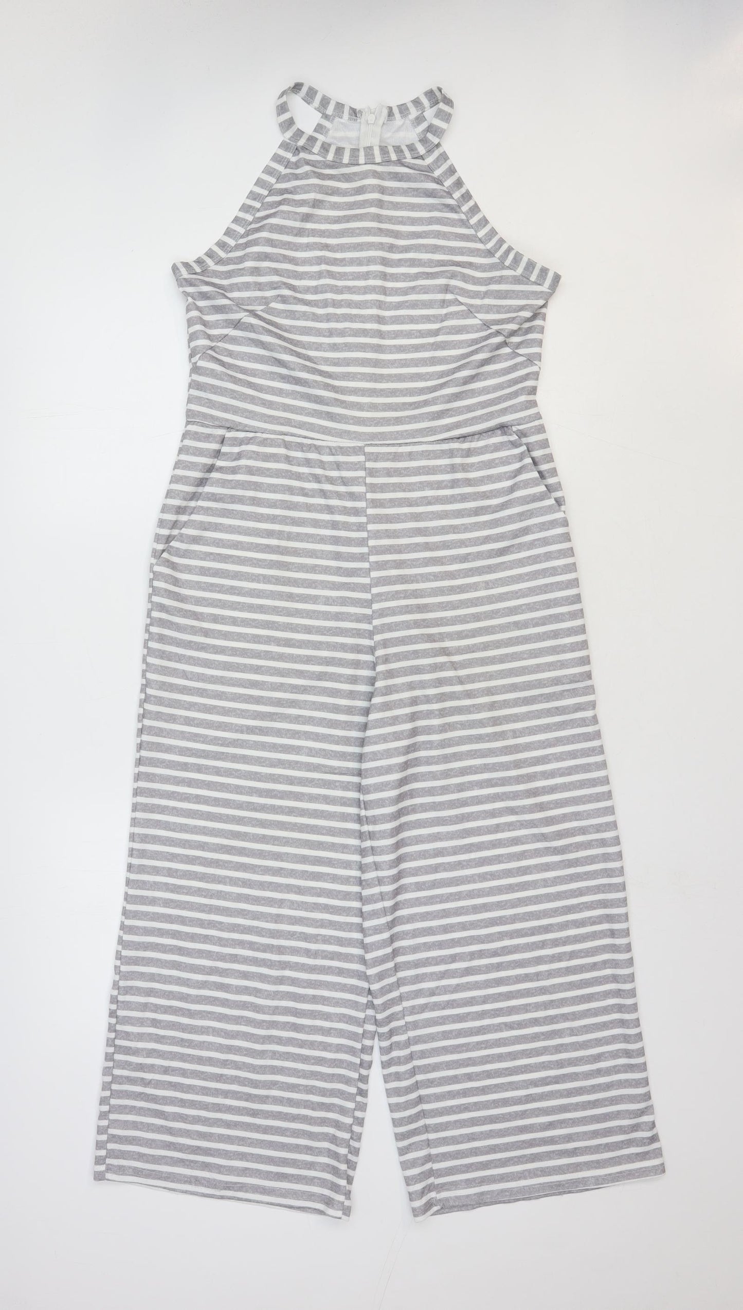 Preworn Womens Grey Striped Polyester Playsuit One-Piece Size S Zip