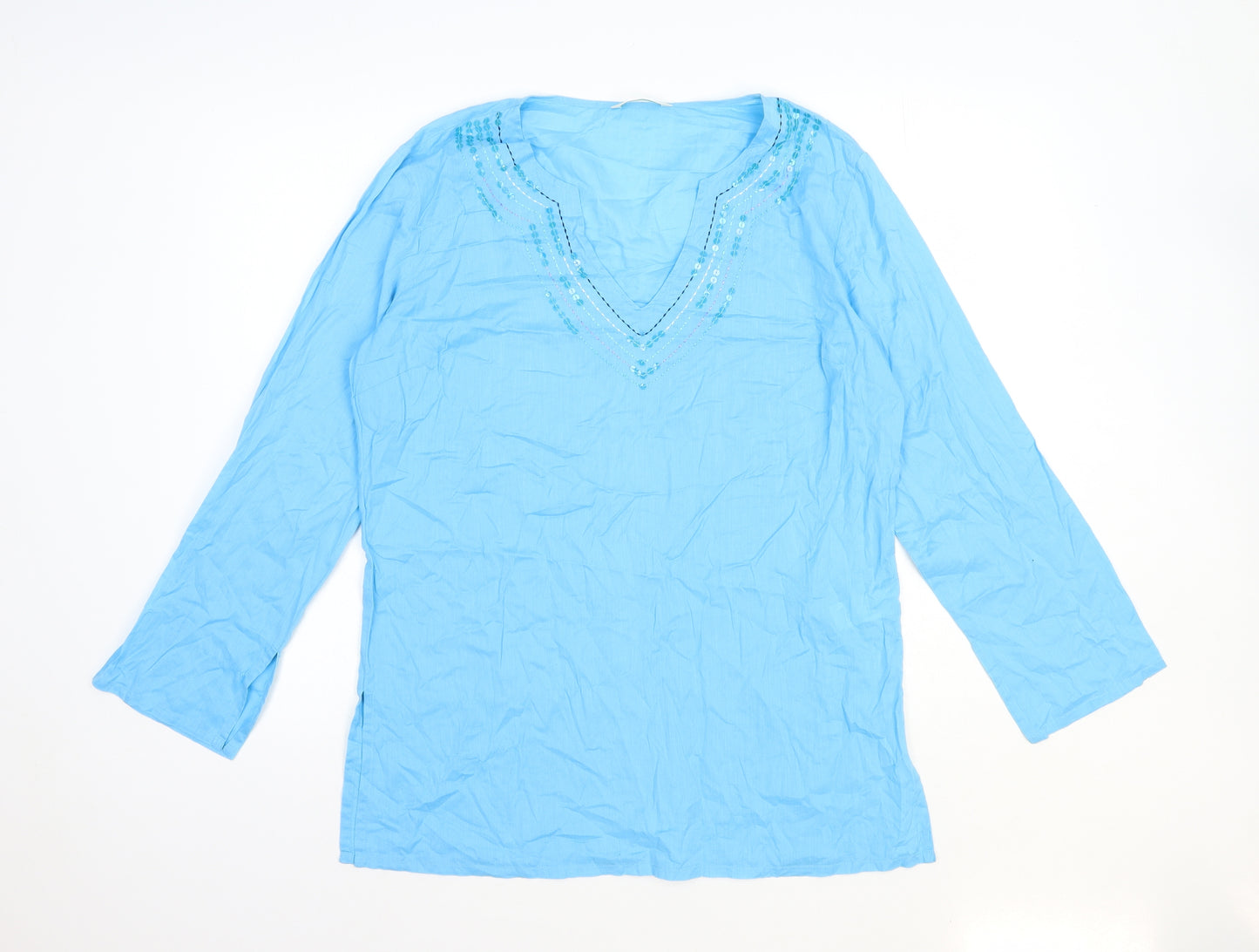 Marks and Spencer Womens Blue 100% Cotton Basic T-Shirt Size 12 V-Neck