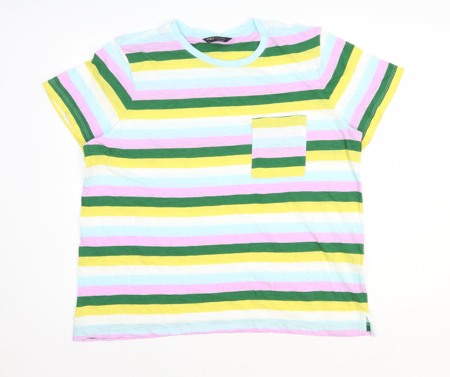 Marks and Spencer Womens Multicoloured Striped 100% Cotton Basic T-Shirt Size 16 Crew Neck