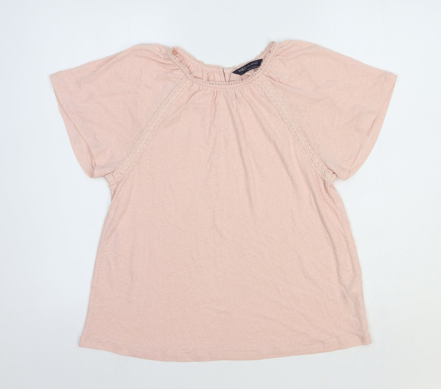 Marks and Spencer Womens Pink Linen Basic T-Shirt Size 8 Round Neck