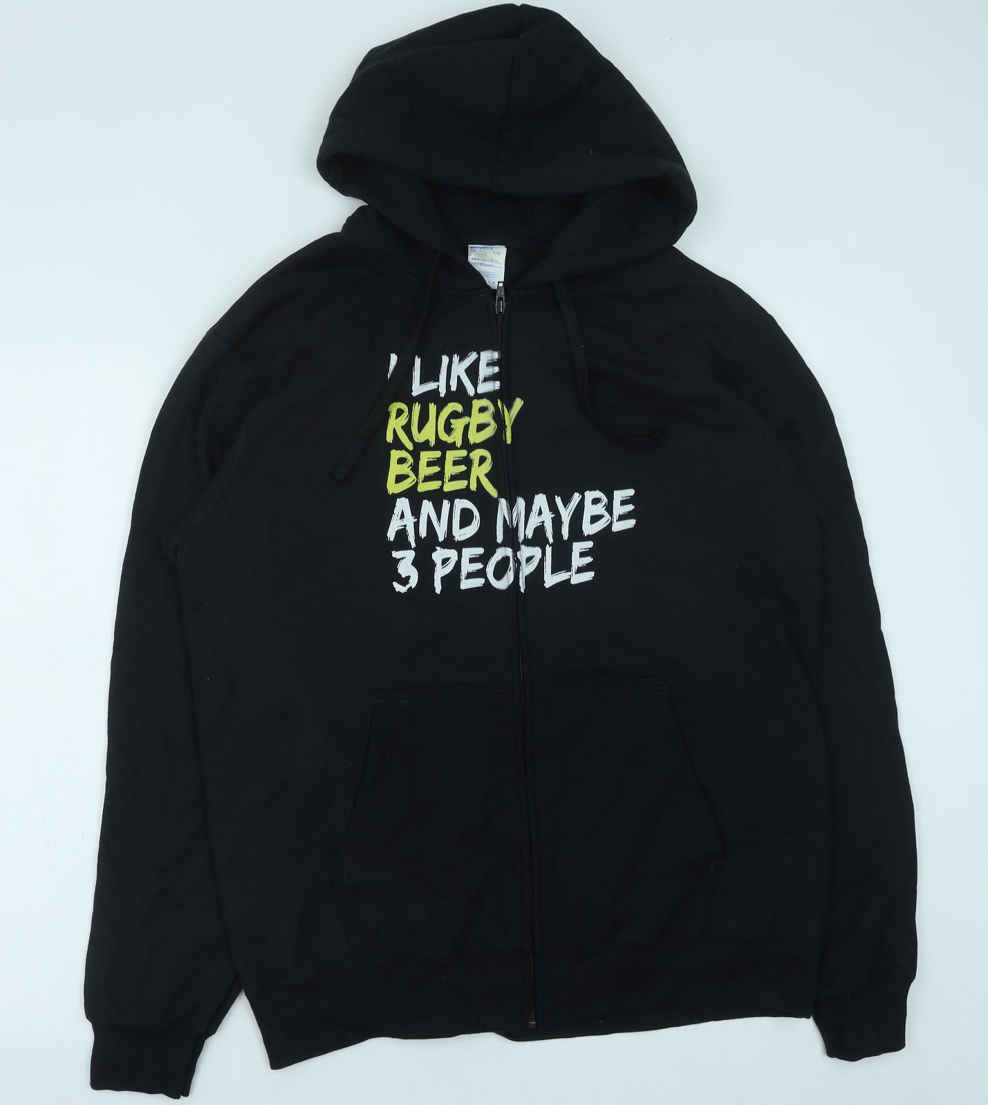 Gildan Mens Black Cotton Pullover Hoodie Size L - Rugby and Beer slogan