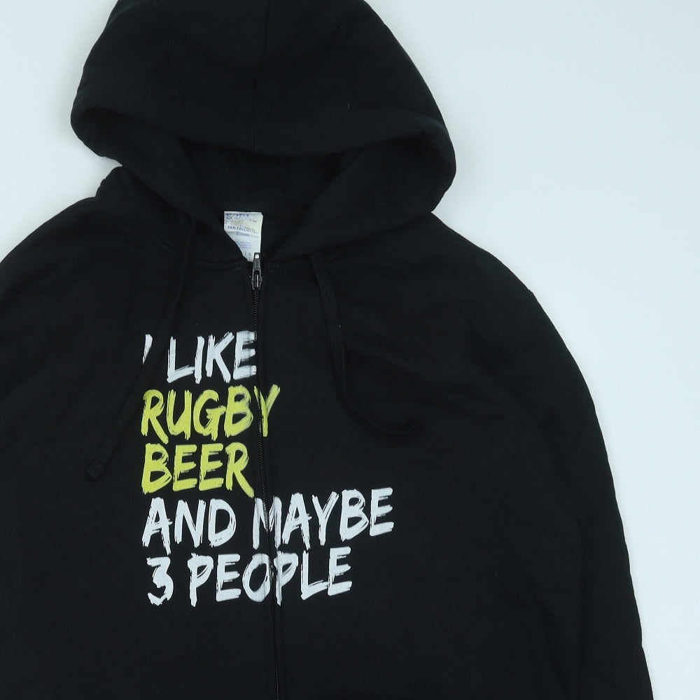 Gildan Mens Black Cotton Pullover Hoodie Size L - Rugby and Beer slogan
