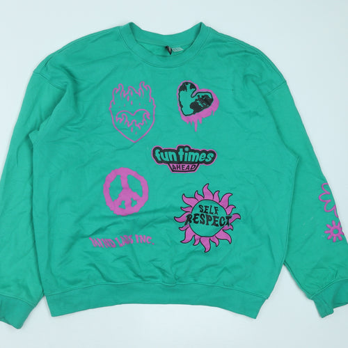 H&M Womens Green Cotton Pullover Sweatshirt Size XS Pullover - Fun Times Ahead