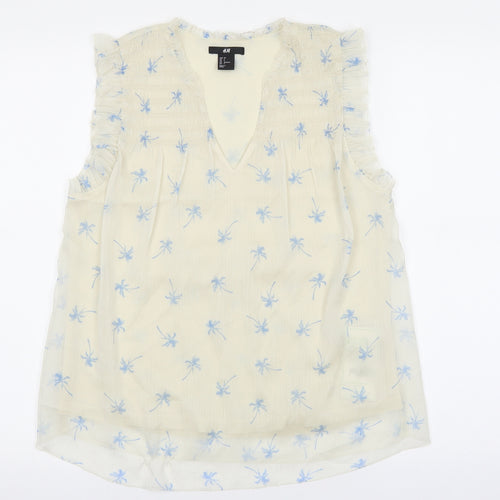 H&M Womens Ivory Floral Polyester Basic Blouse Size 4 V-Neck - Palm Tree Print
