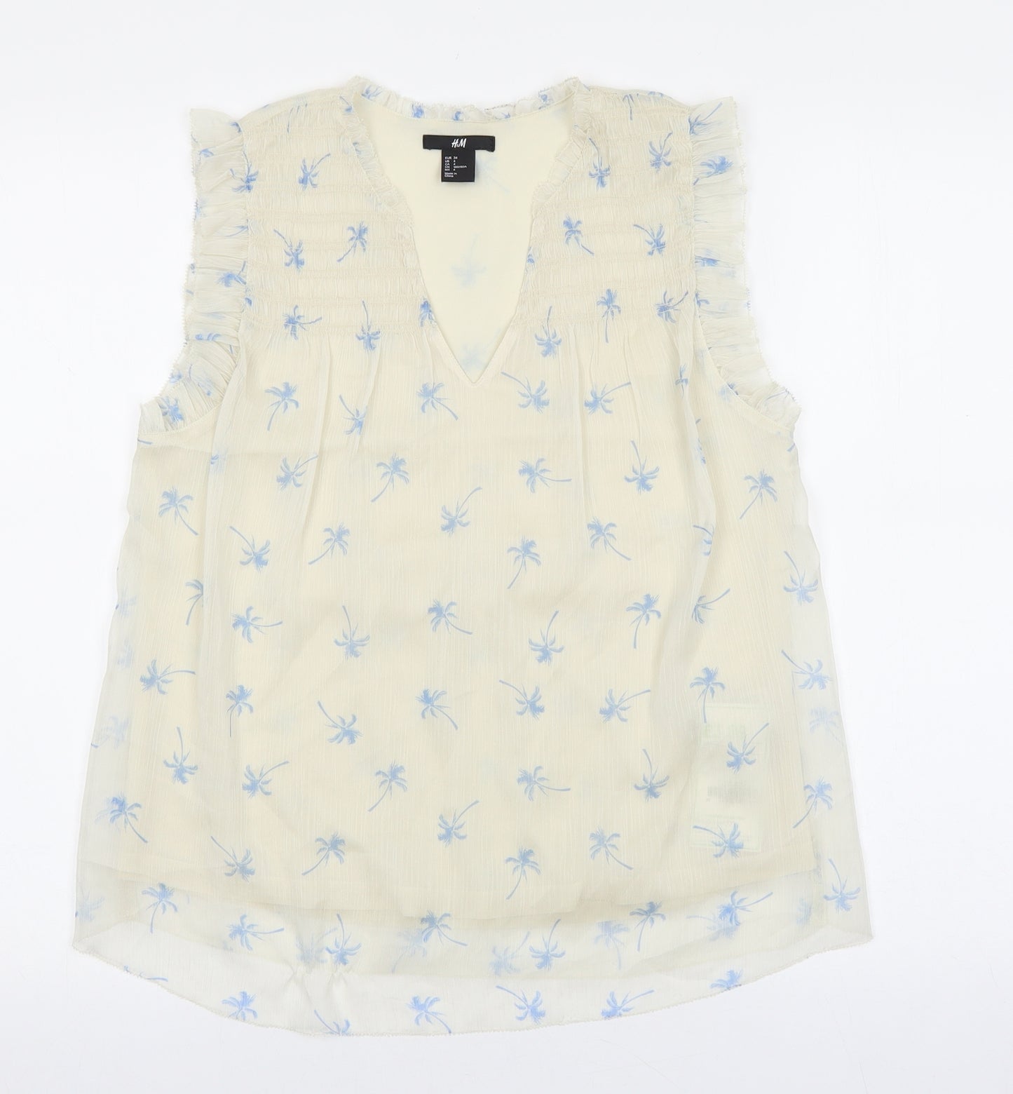 H&M Womens Ivory Floral Polyester Basic Blouse Size 4 V-Neck - Palm Tree Print