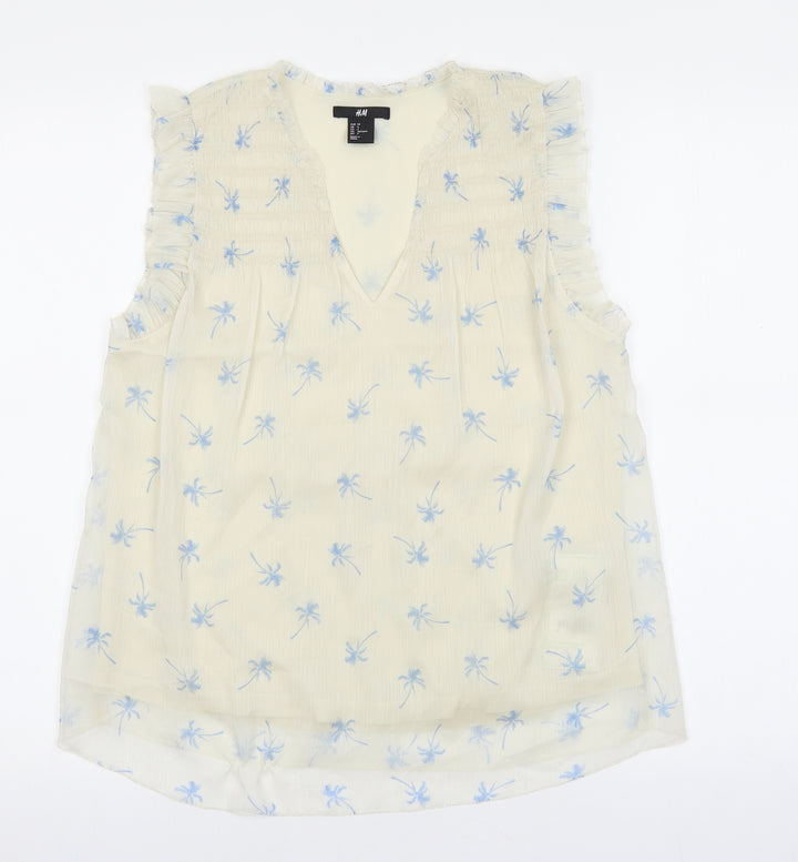 H&M Womens Ivory Floral Polyester Basic Blouse Size 4 V-Neck - Palm Tree Print