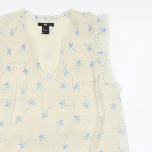 H&M Womens Ivory Floral Polyester Basic Blouse Size 4 V-Neck - Palm Tree Print