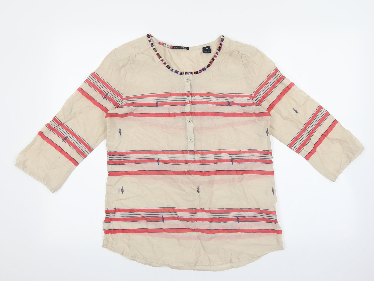 Maison Scotch Womens Beige Striped 100% Cotton Basic Blouse Size S Round Neck