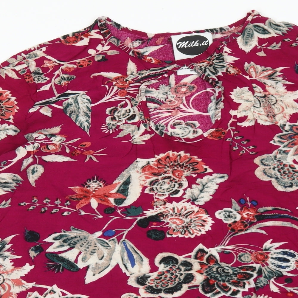 Milk It Womens Pink Floral Polyester Tunic Blouse Size L Round Neck