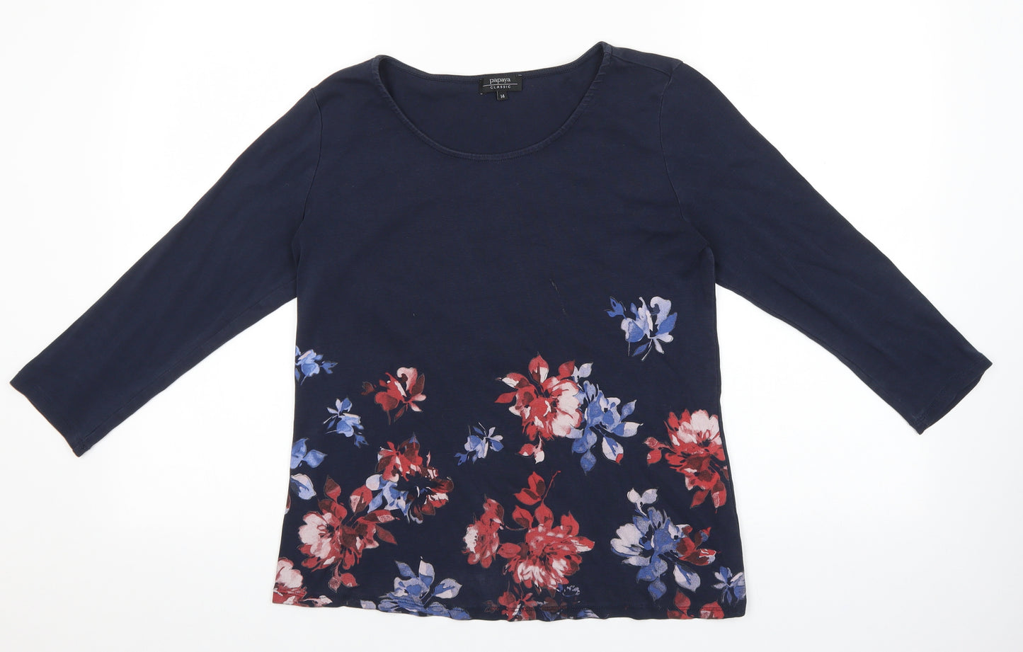 Papaya Womens Blue Floral 100% Cotton Basic Blouse Size 14 Round Neck