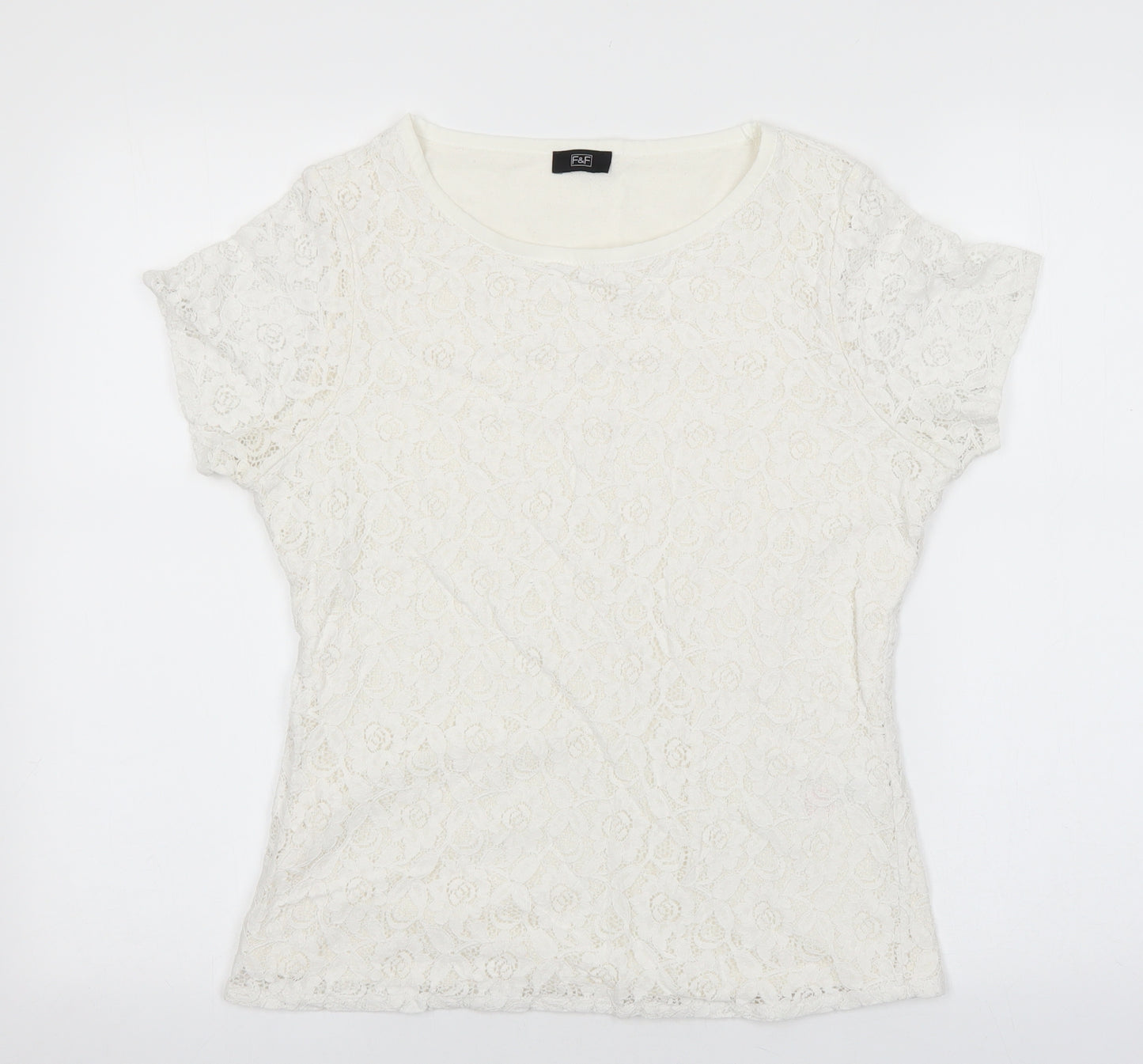 F&F Womens White Floral Cotton Basic T-Shirt Size 10 Round Neck