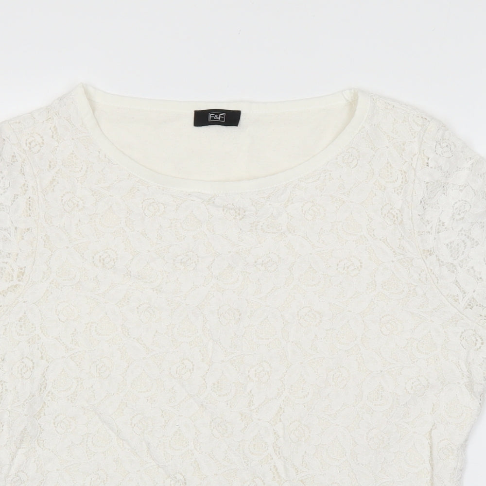 F&F Womens White Floral Cotton Basic T-Shirt Size 10 Round Neck