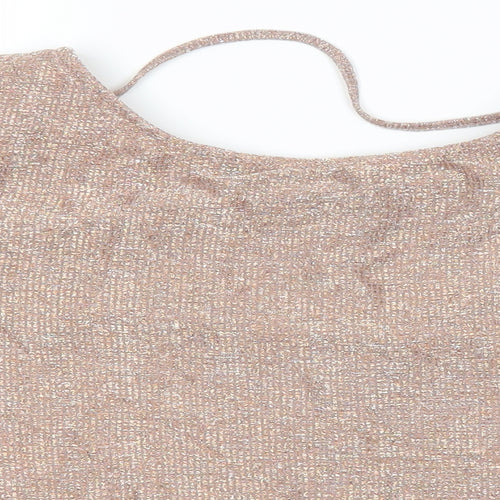 River Island Womens Pink Polyester Cropped T-Shirt Size 14 Round Neck - Metallic Detail