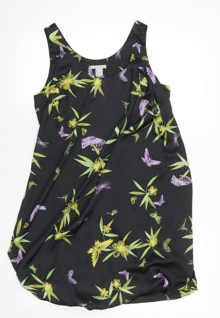 H&M Womens Black Floral Polyester Tank Dress Size 6 Scoop Neck Pullover