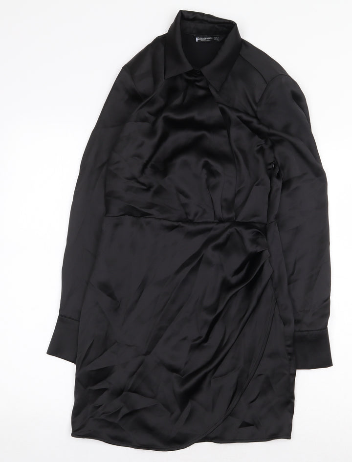 Stradivarius Womens Black Herringbone Polyester Shift Size S Collared Zip