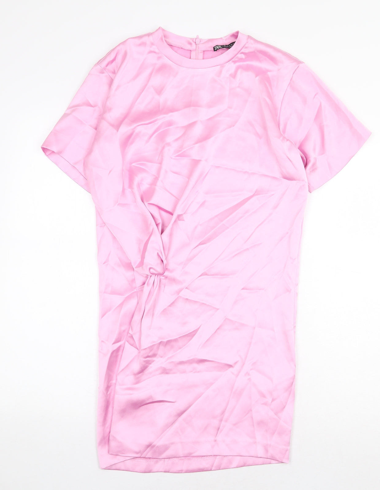 Zara Womens Pink Polyester T-Shirt Dress Size XS Crew Neck Zip - Twist Detail