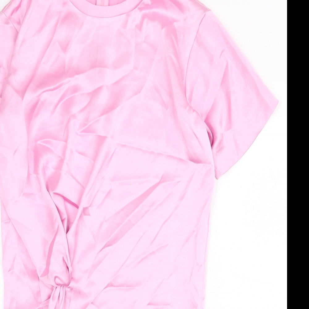 Zara Womens Pink Polyester T-Shirt Dress Size XS Crew Neck Zip - Twist Detail