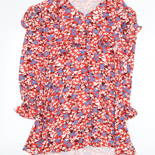Very Womens Red Floral Viscose Shirt Dress Size 12 V-Neck Pullover