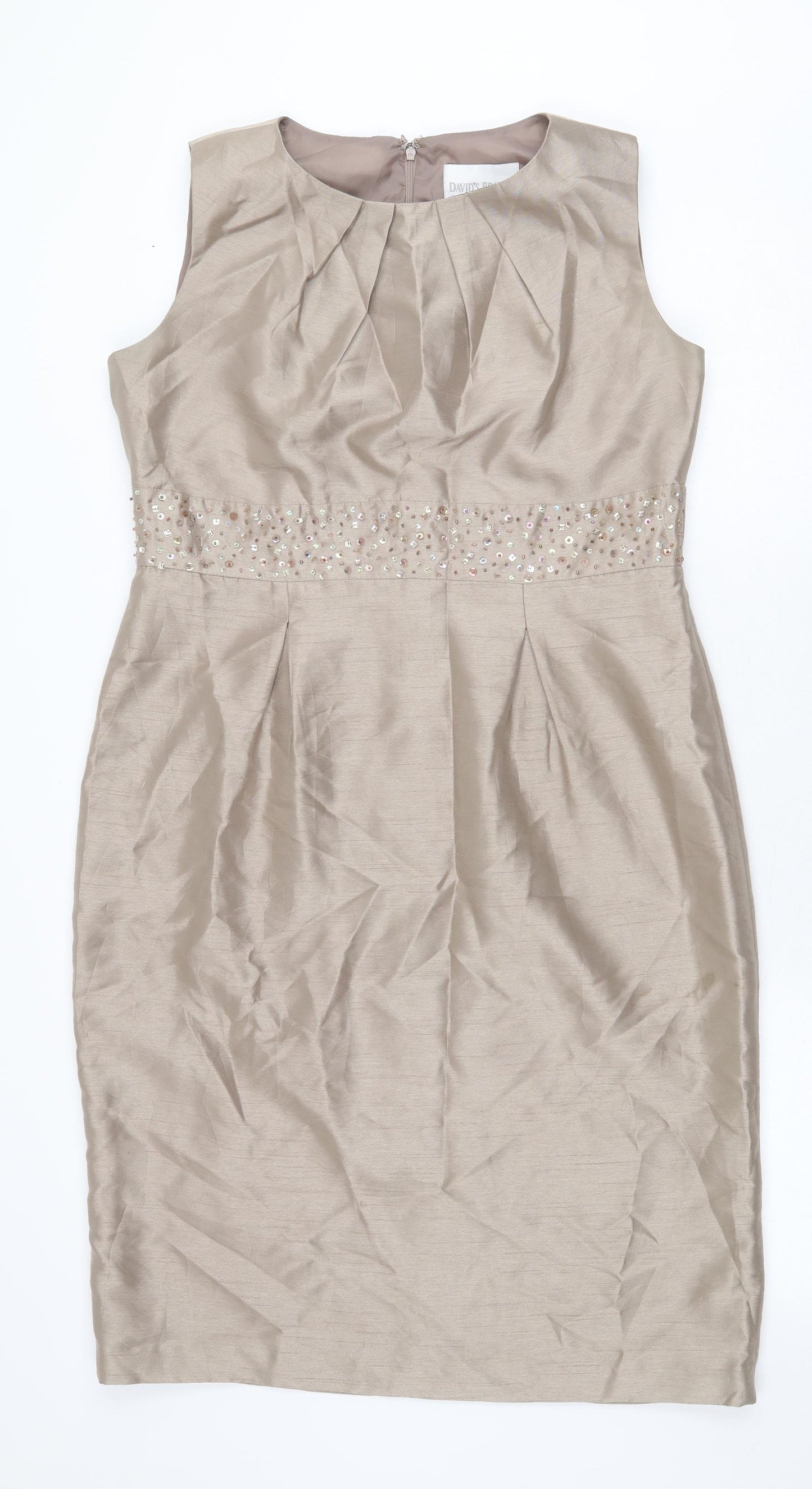 Davids Bridal Womens Gold Nylon Pencil Dress Size 12 Boat Neck Zip