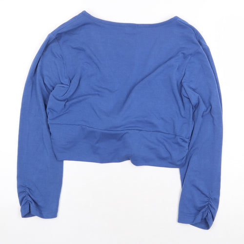 Text Womens Blue Polyester Cropped T-Shirt Size S V-Neck - Knot Front