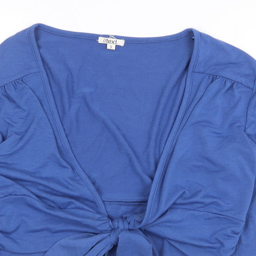 Text Womens Blue Polyester Cropped T-Shirt Size S V-Neck - Knot Front