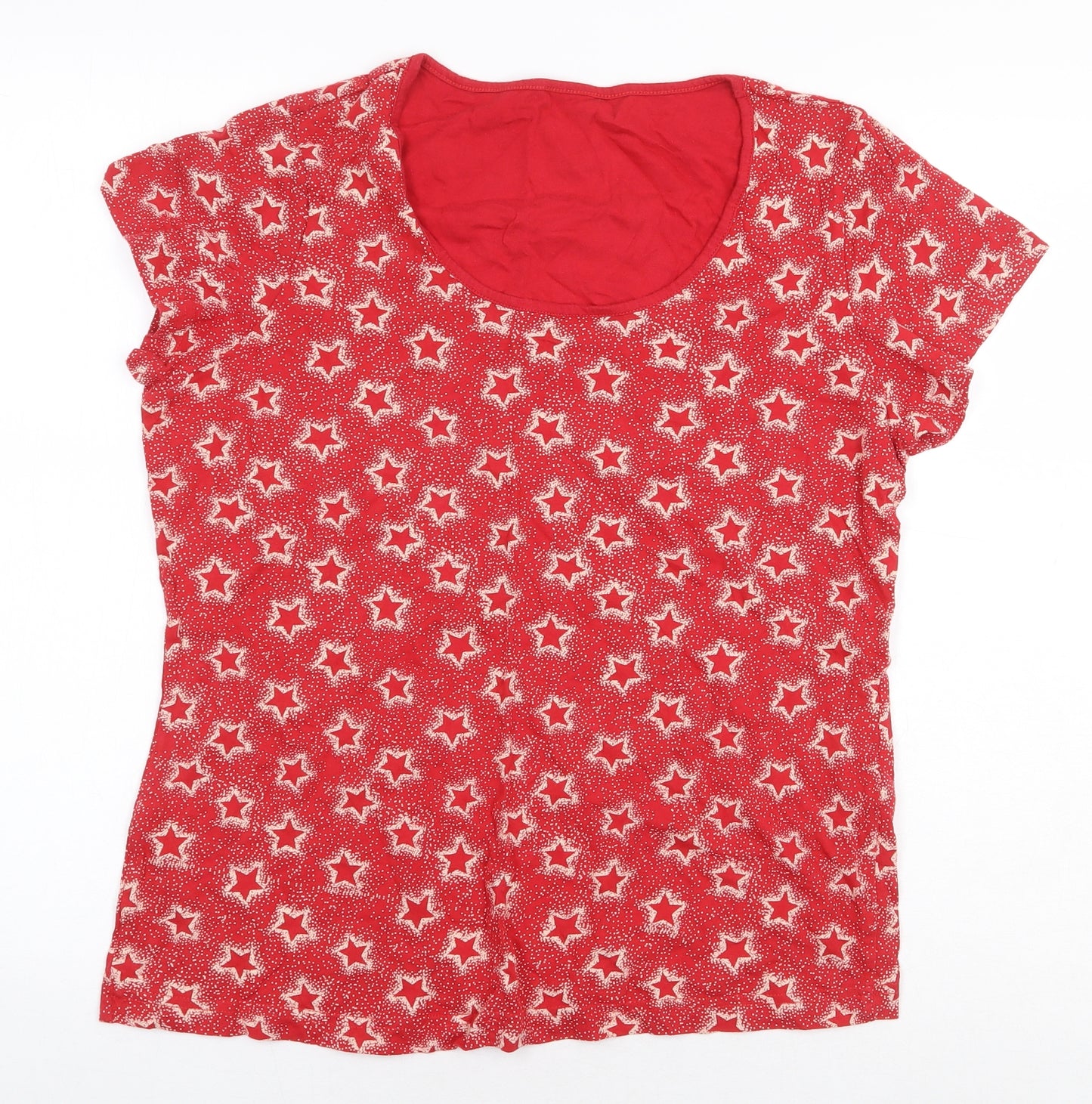 Marks and Spencer Womens Red Geometric 100% Cotton Basic T-Shirt Size 12 Scoop Neck - Star Print