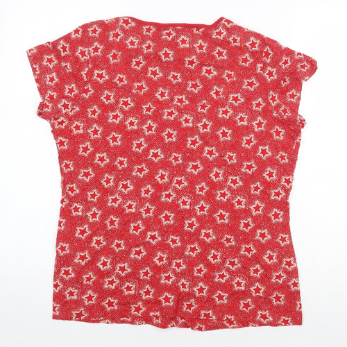 Marks and Spencer Womens Red Geometric 100% Cotton Basic T-Shirt Size 12 Scoop Neck - Star Print