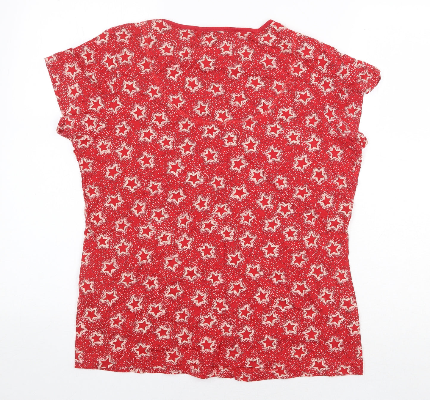 Marks and Spencer Womens Red Geometric 100% Cotton Basic T-Shirt Size 12 Scoop Neck - Star Print