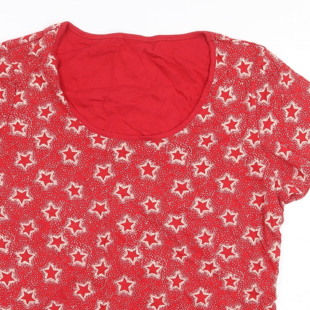 Marks and Spencer Womens Red Geometric 100% Cotton Basic T-Shirt Size 12 Scoop Neck - Star Print