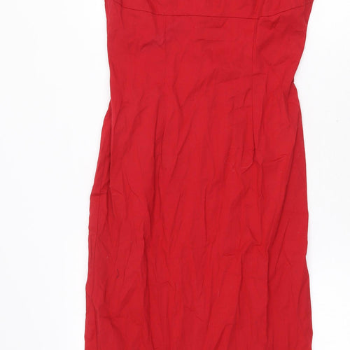 Warehouse Womens Red Herringbone Cotton Slip Dress Size 8 Scoop Neck Zip