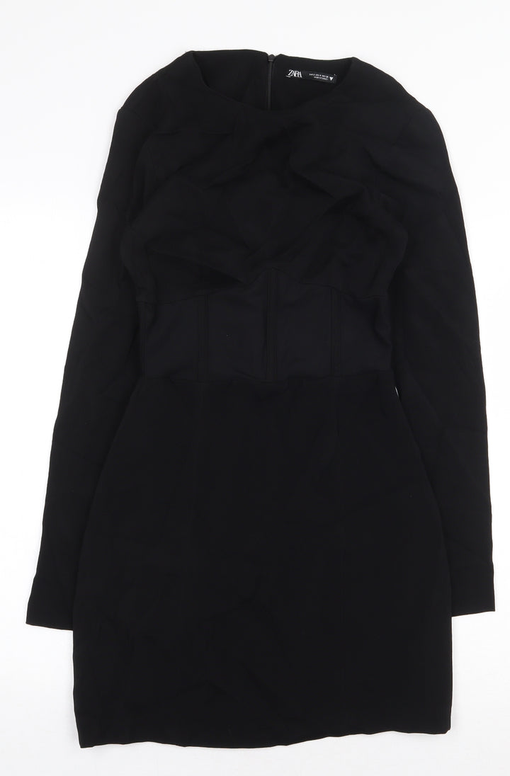 Zara Womens Black Polyamide Pencil Dress Size S Boat Neck Zip
