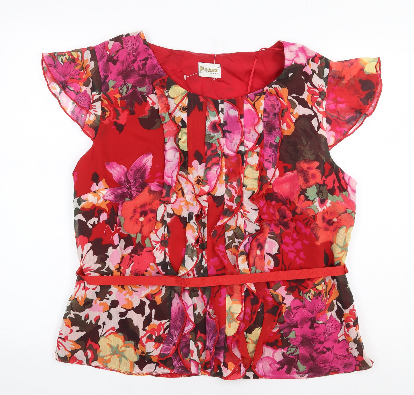 Roman Originals Womens Red Floral Polyester Basic Blouse Size 18 Boat Neck