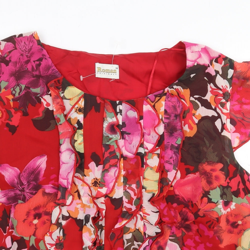 Roman Originals Womens Red Floral Polyester Basic Blouse Size 18 Boat Neck