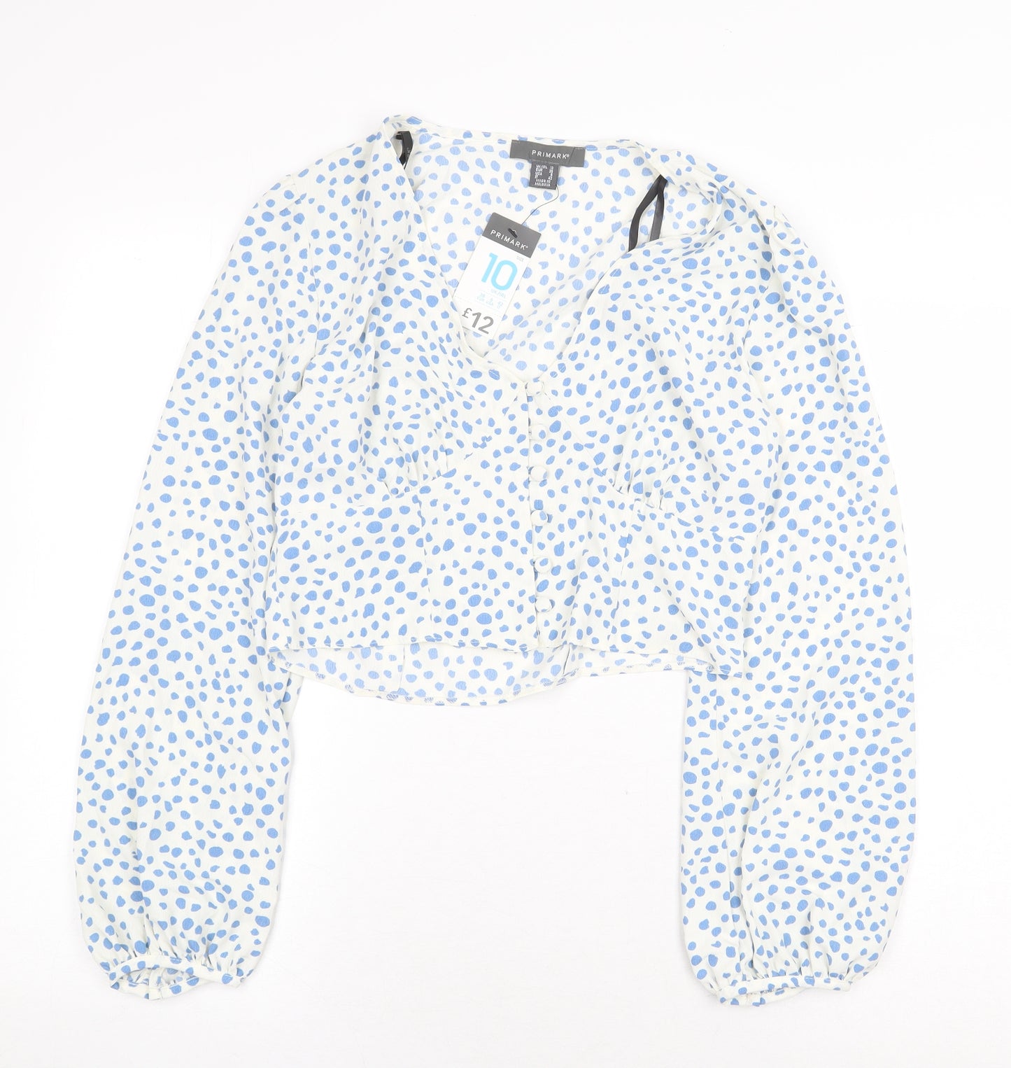 Primark Womens White Animal Print Polyester Basic Blouse Size 10 V-Neck