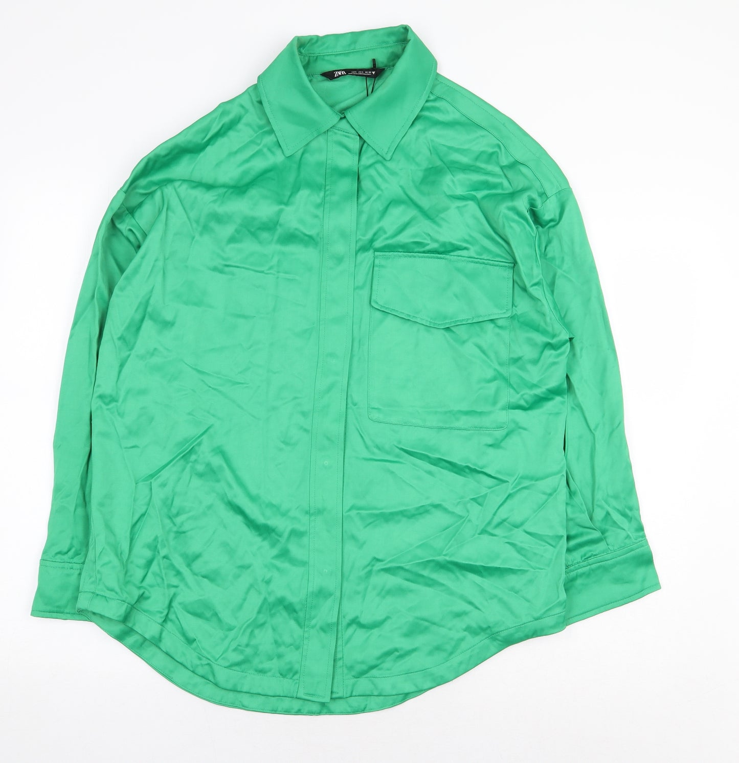 Zara Womens Green Viscose Basic Button-Up Size S Collared