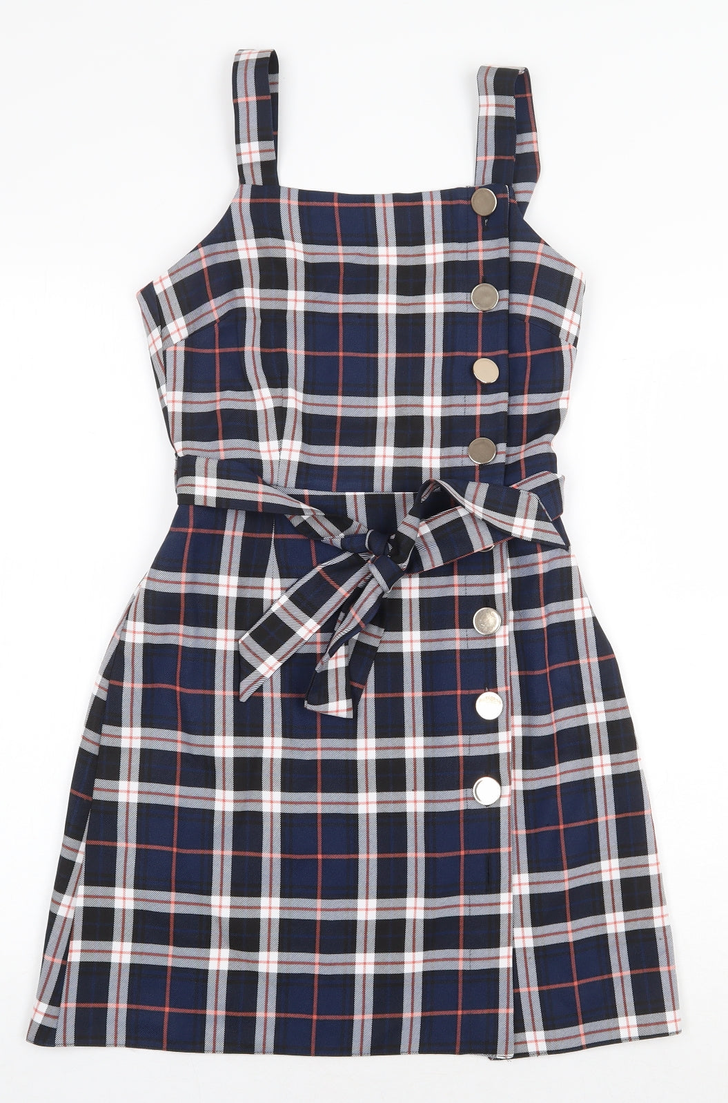 Miss Selfridge Womens Blue Plaid Polyester Pinafore/Dungaree Dress Size 6 Square Neck Button