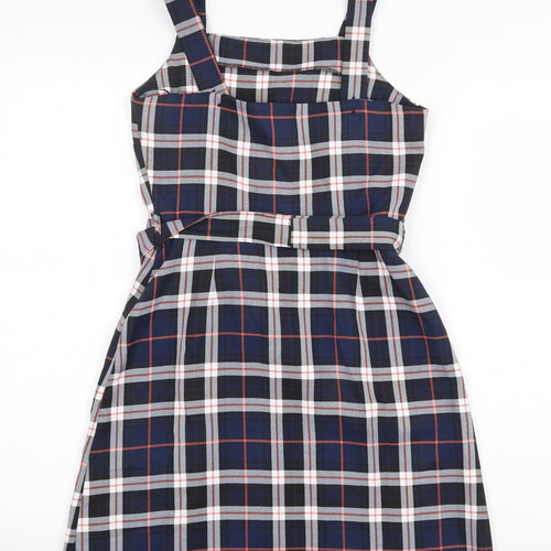 Miss Selfridge Womens Blue Plaid Polyester Pinafore/Dungaree Dress Size 6 Square Neck Button