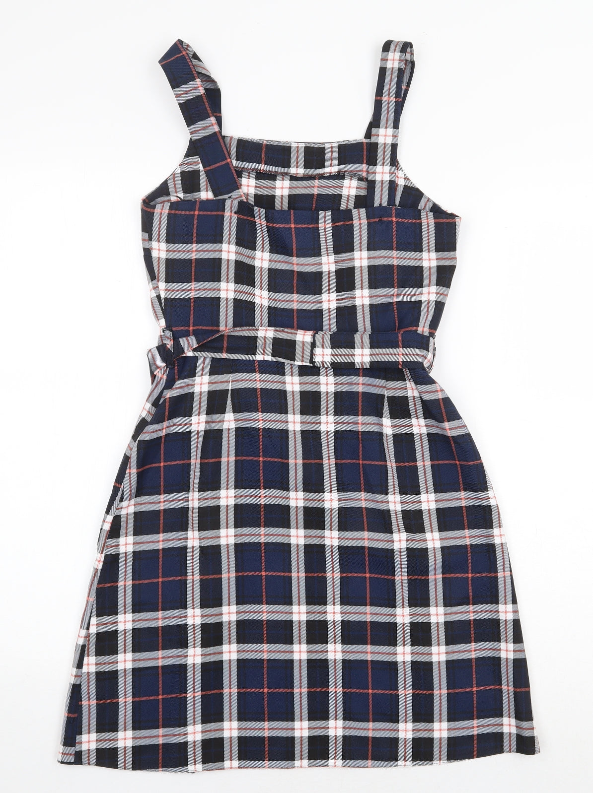 Miss Selfridge Womens Blue Plaid Polyester Pinafore/Dungaree Dress Size 6 Square Neck Button