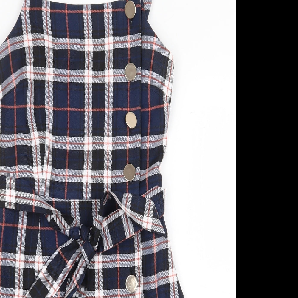 Miss Selfridge Womens Blue Plaid Polyester Pinafore/Dungaree Dress Size 6 Square Neck Button