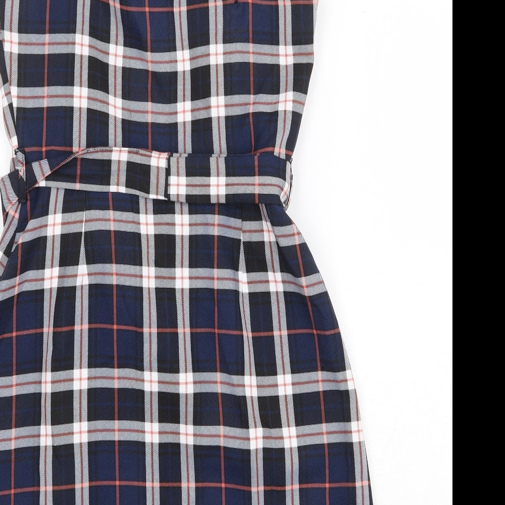 Miss Selfridge Womens Blue Plaid Polyester Pinafore/Dungaree Dress Size 6 Square Neck Button