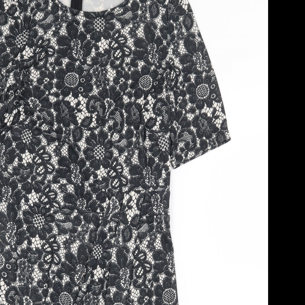 Billie & Blossom Womens Black Floral Polyester A-Line Size 12 Boat Neck Zip